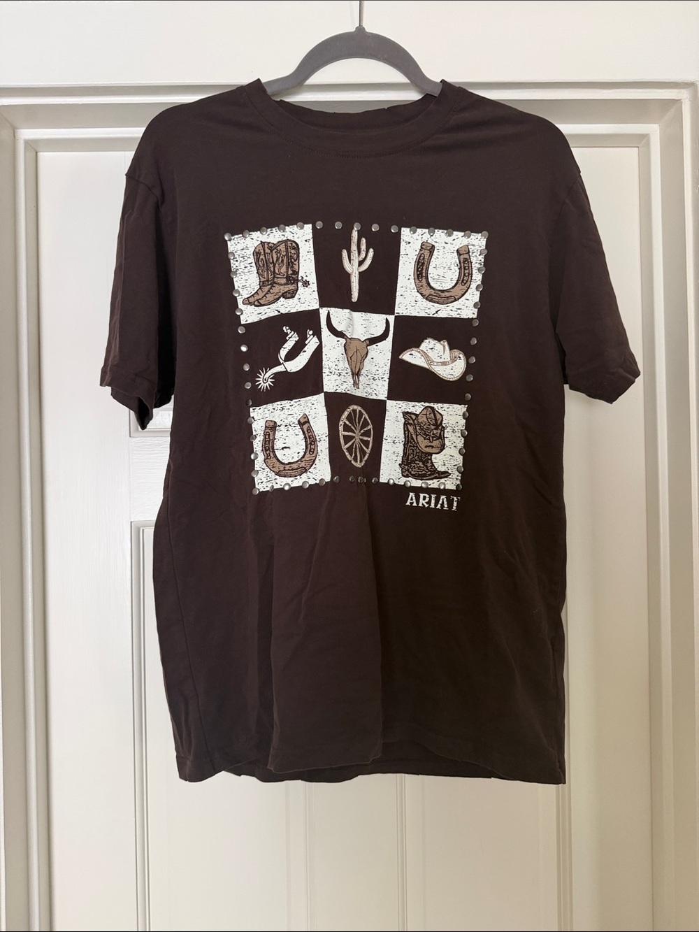 Ariat Checkered Boyfriend Fit Studded Dark Brown Western Icon Graphic Tee